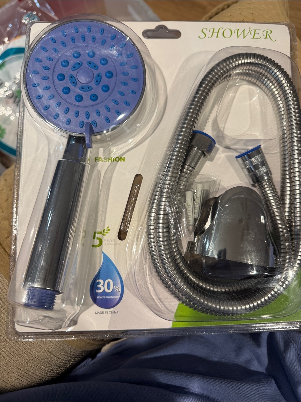 Blue Handheld Shower Head Kit with Hose and Wall Mount